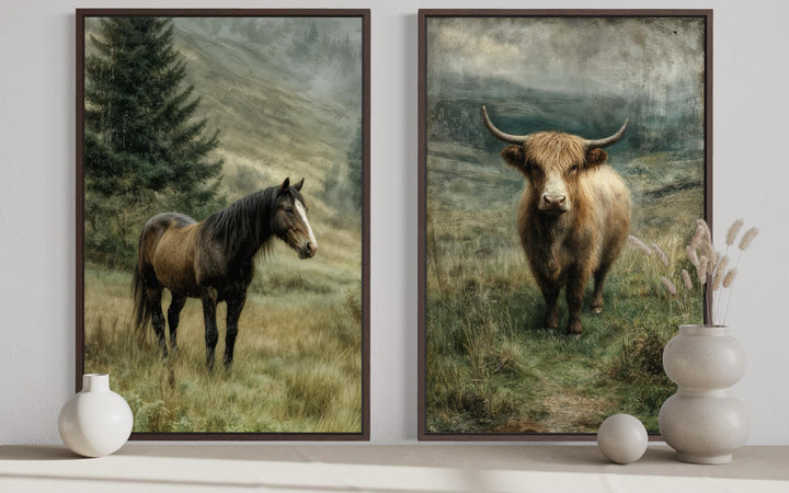 Two vertical canvas prints featuring a horse and a highland cow in a misty, green pasture landscape.