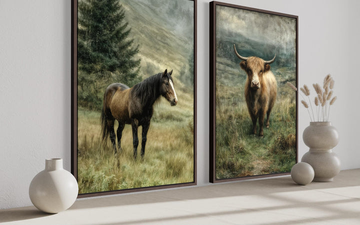 Two vertical canvas prints featuring a horse and a Highland cow in a misty, green pasture.