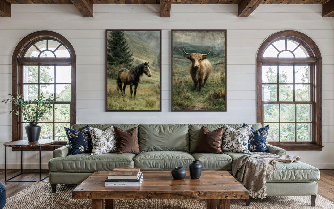 A set of two vertical canvas prints featuring a horse and a Highland cow in a rustic living room.