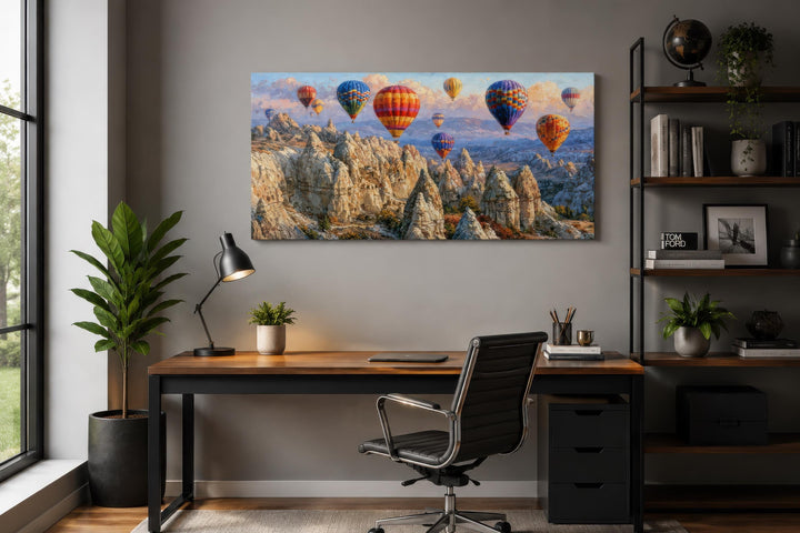 A wide horizontal canvas print of colorful hot air balloons over the Cappadocia landscape.