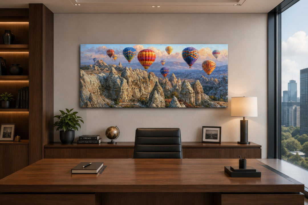 A wide panoramic canvas print of colorful hot air balloons over the Cappadocia landscape in an office.