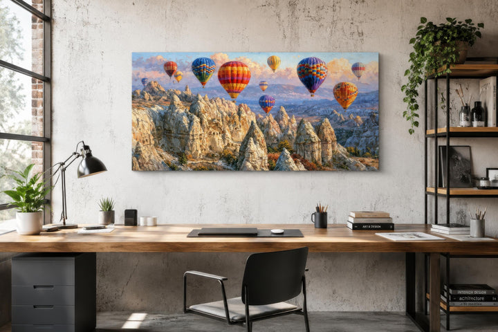 A wide horizontal canvas print of colorful hot air balloons over the Cappadocia landscape.