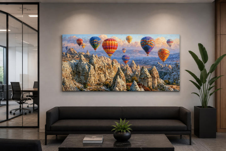 A wide horizontal canvas print of colorful hot air balloons over the Cappadocia landscape.