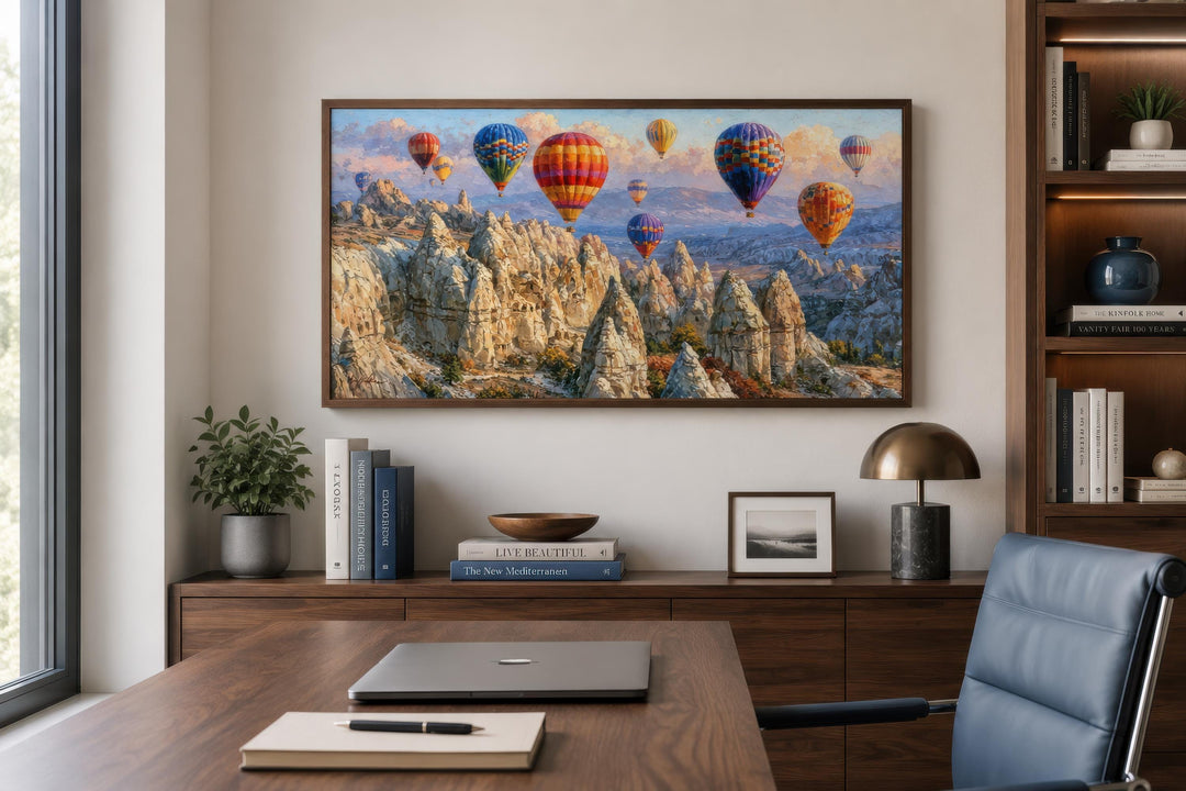 Hot air balloon wall art featuring a colorful Cappadocia canvas print in a modern office setting.