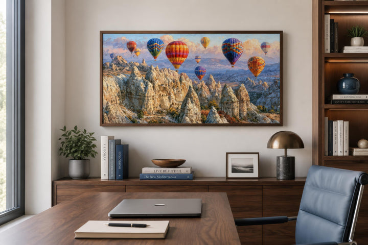 Hot air balloon wall art featuring a colorful Cappadocia canvas print in a modern office setting.