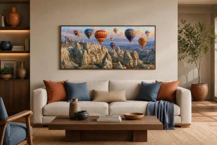 Panoramic Cappadocia canvas print featuring colorful hot air balloons over rocky fairy chimneys.
