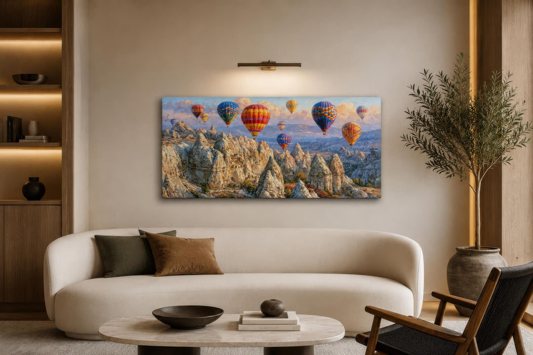 A wide horizontal canvas print of colorful hot air balloons over Cappadocia in a modern living room.