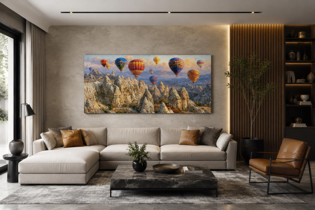 Panoramic hot air balloon canvas print over a Cappadocia landscape in a modern living room.