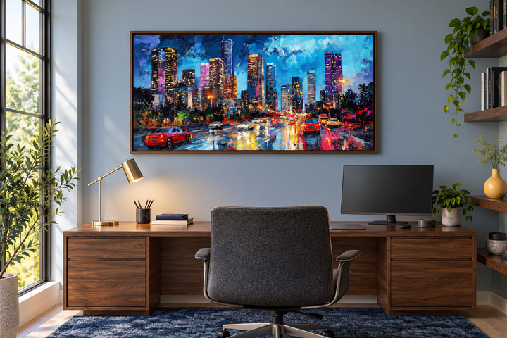Houston Skyline At Night Framed Canvas Wall Art