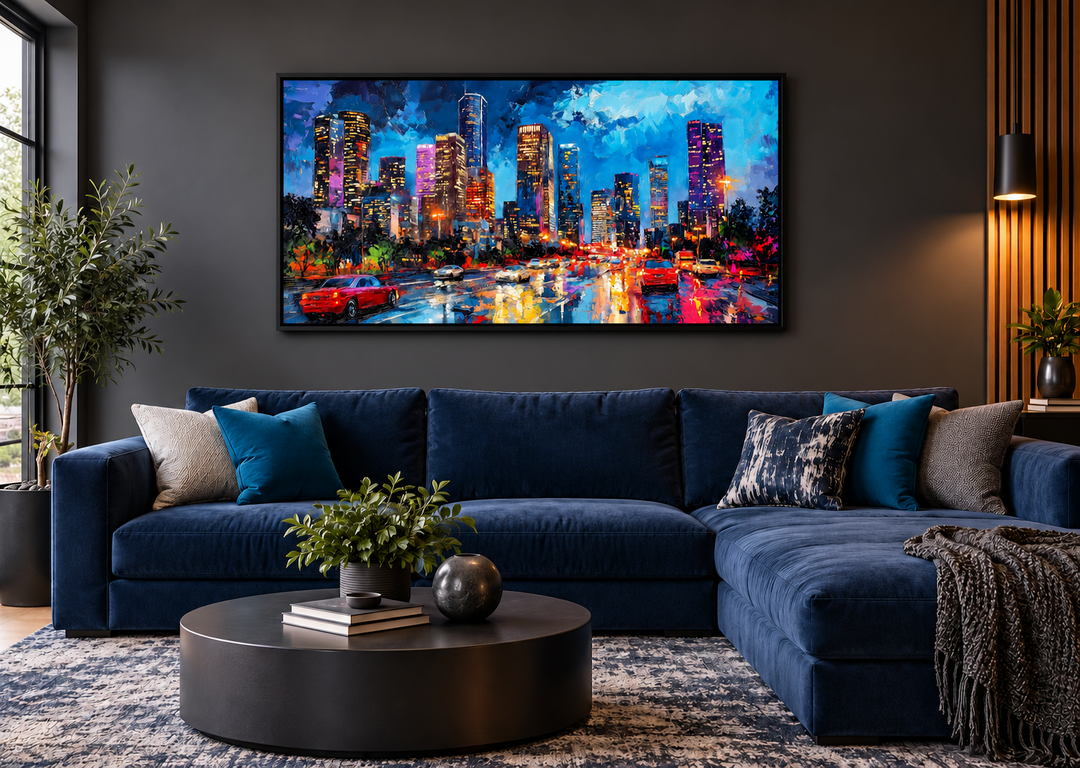 Houston Skyline At Night Framed Canvas Wall Art
