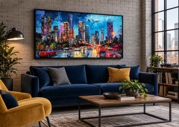 Houston Skyline At Night Framed Canvas Wall Art