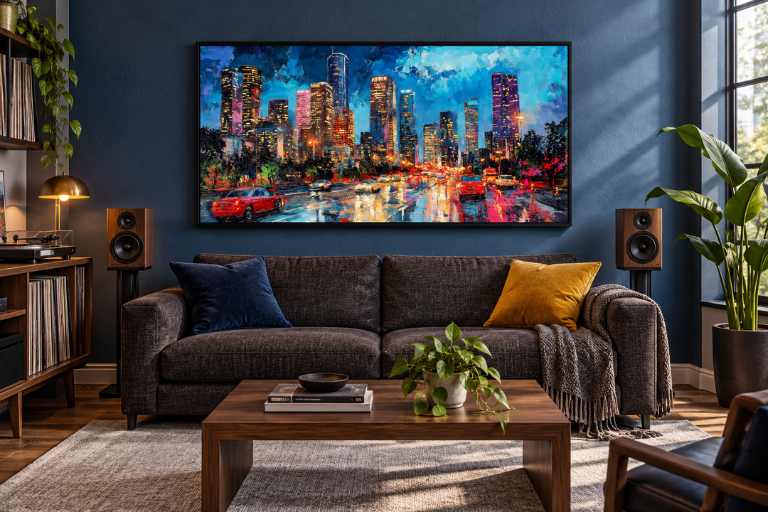 Houston Skyline At Night Framed Canvas Wall Art