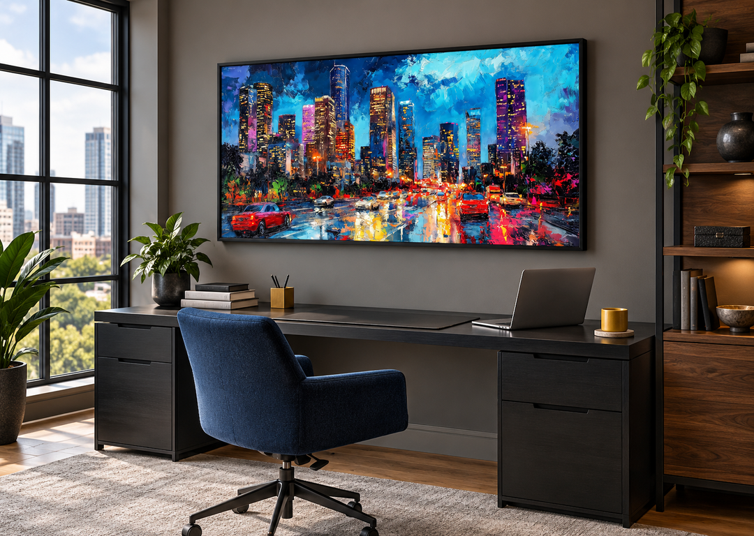 Houston Skyline At Night Framed Canvas Wall Art