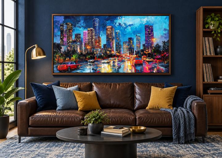 Houston Skyline At Night Framed Canvas Wall Art