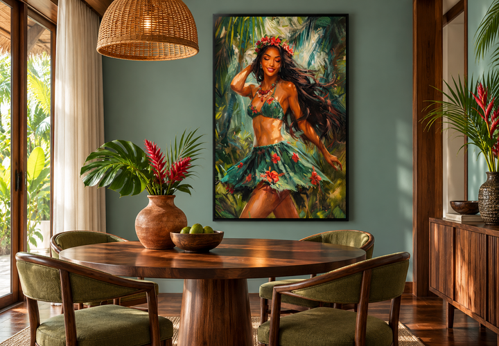 Hula girl dancing in a green grass skirt on a framed canvas wall art in a tropical dining room.