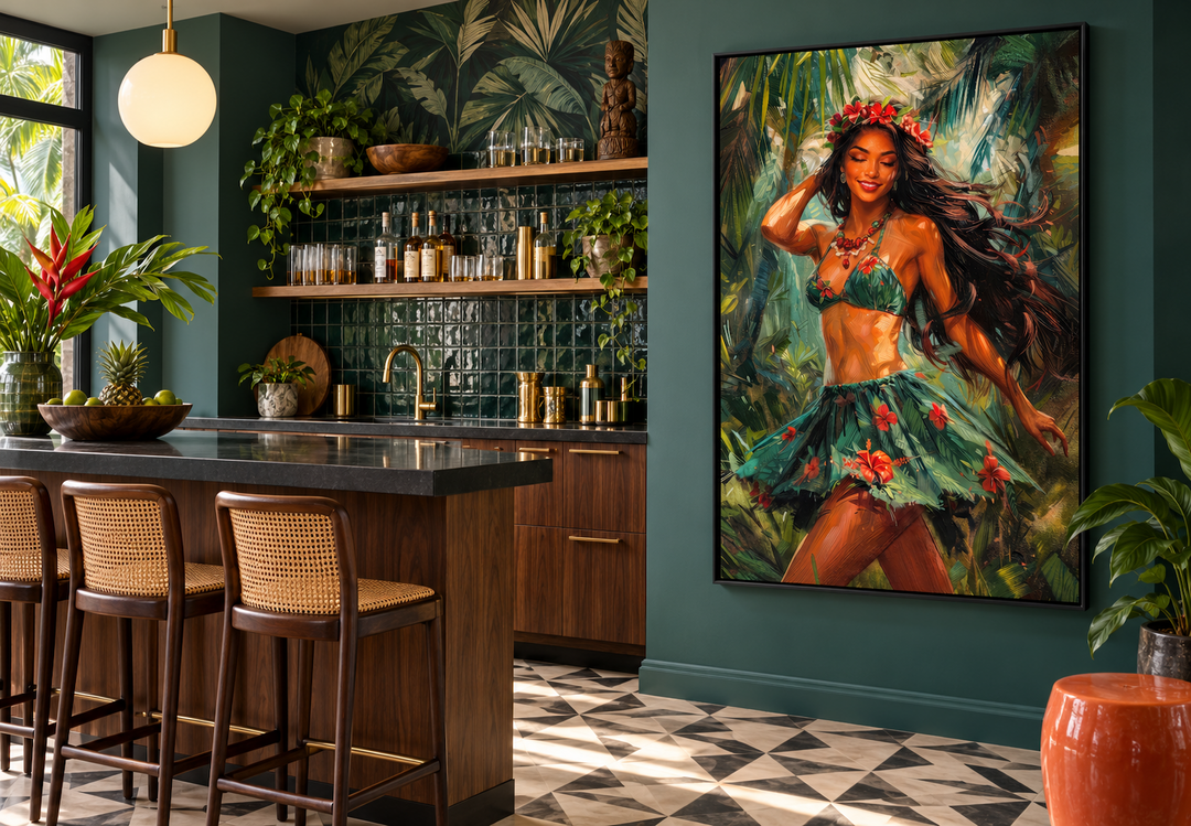 Hula girl dancing traditional hula dance Hawaii canvas wall art in a tropical home bar setting.