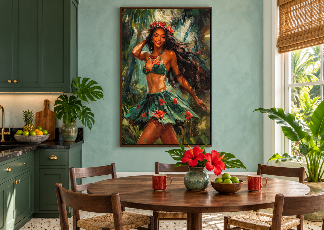 Hula girl dancing traditional hula dance Hawaii canvas wall art in a tropical kitchen setting.