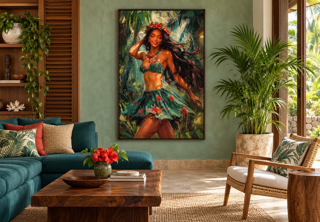 Hula girl dancing traditional hula dance canvas wall art in a tropical living room setting.