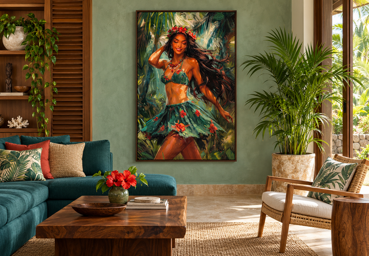 Hula girl dancing traditional hula dance canvas wall art in a tropical living room setting.