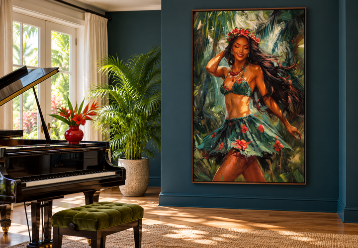 Framed canvas wall art of a hula girl dancing in a tropical setting, hung in a music room.
