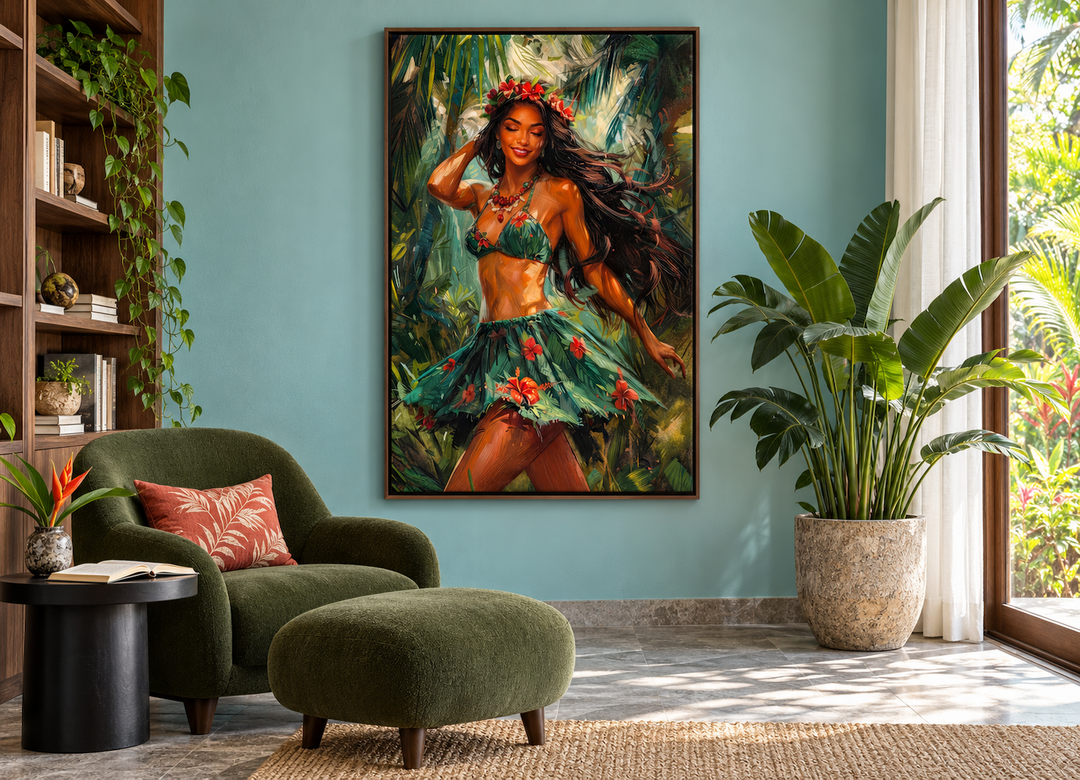 Framed canvas wall art of a hula girl in a green grass skirt dancing in a tropical setting.
