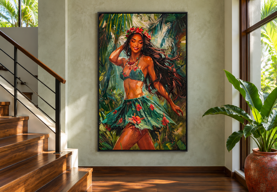 Hula girl dancing in a green grass skirt on a framed canvas wall art in a modern home interior.
