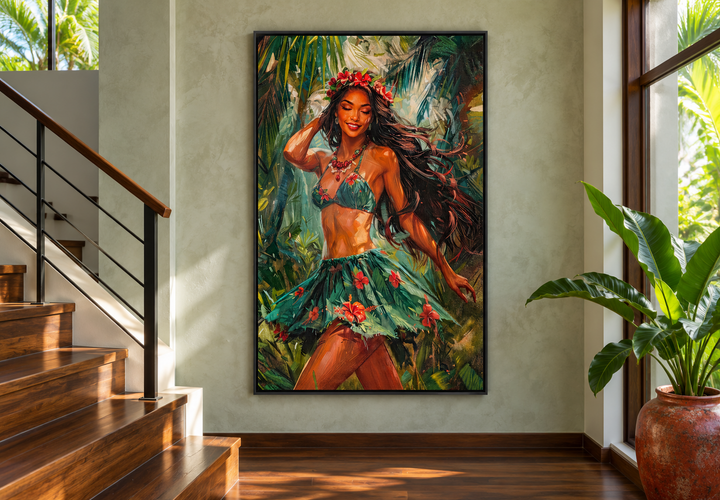 Hula girl dancing in a green grass skirt on a framed canvas wall art in a modern home interior.