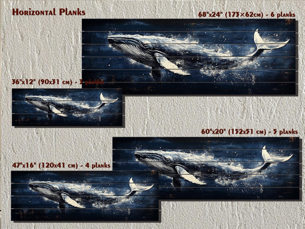 Humpback whale nautical wall art printed on horizontal wood planks in four different sizes.
