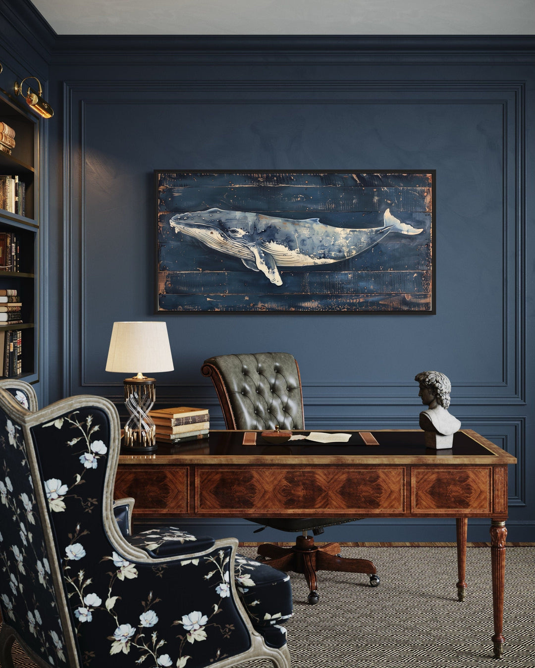 Humpback whale wall art on navy blue distressed wood canvas in a dark blue office setting.