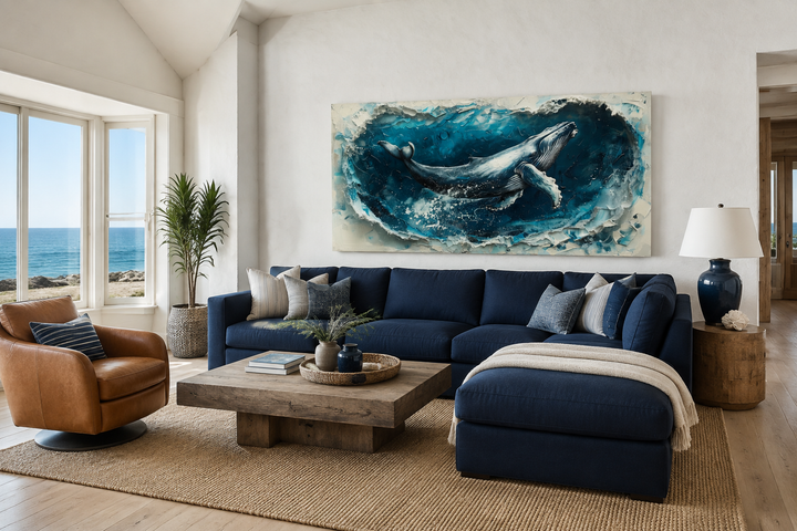 Panoramic humpback whale wall art on canvas above a navy blue sectional sofa in a coastal living room