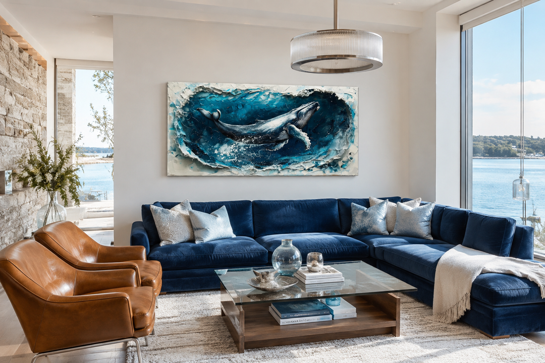 Panoramic humpback whale wall art above a blue sectional sofa in a modern coastal living room.