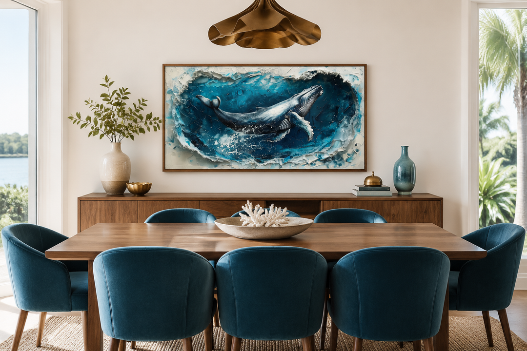 Panoramic canvas art of a humpback whale breaching through a textured blue ocean wave.