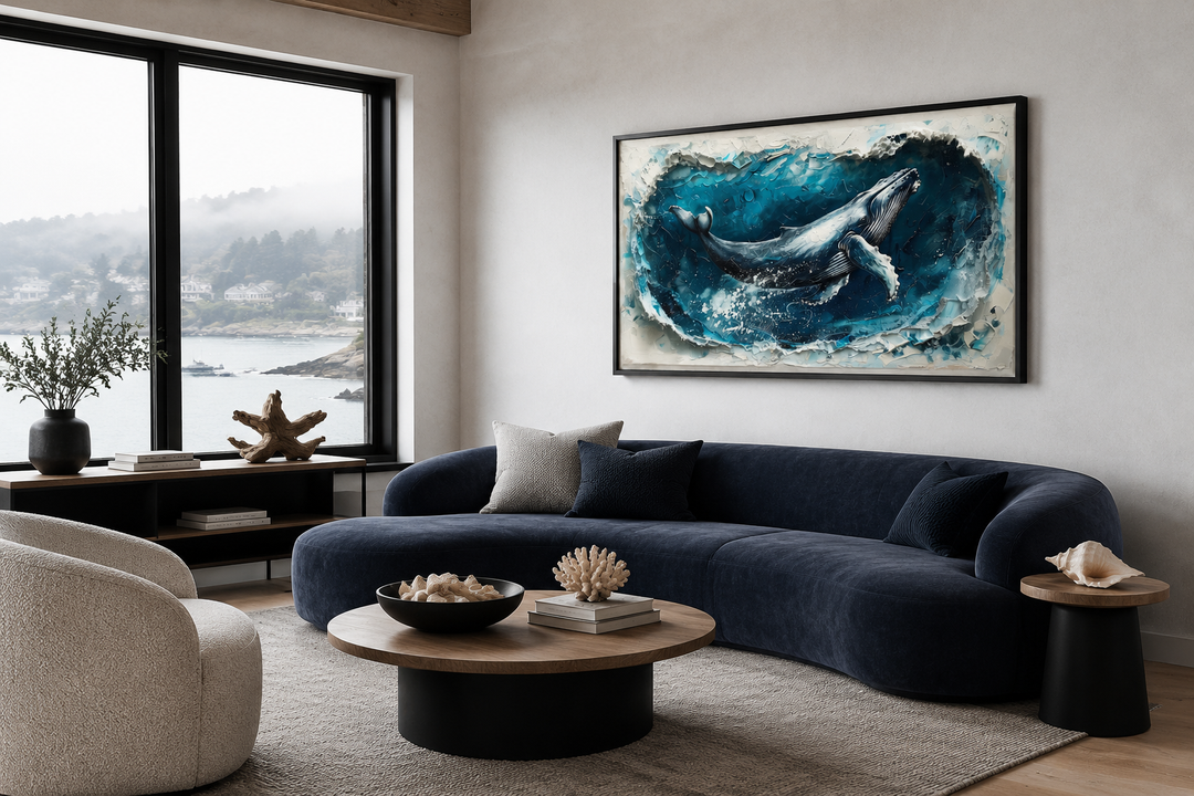 Panoramic humpback whale canvas wall art in a modern living room with ocean views.
