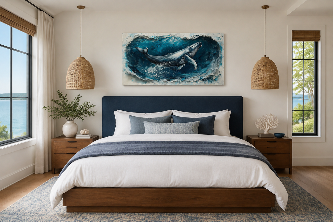 Panoramic humpback whale canvas art in a blue and white bedroom with nautical decor.