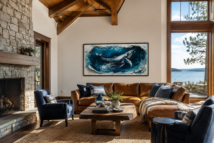 Panoramic humpback whale wall art above a leather sofa in a rustic living room with lake views.
