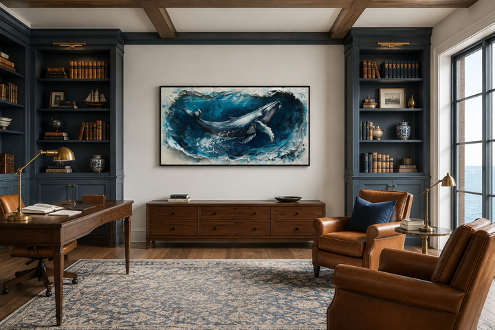 Panoramic humpback whale canvas art in a blue and white wave, hung in a classic home office.