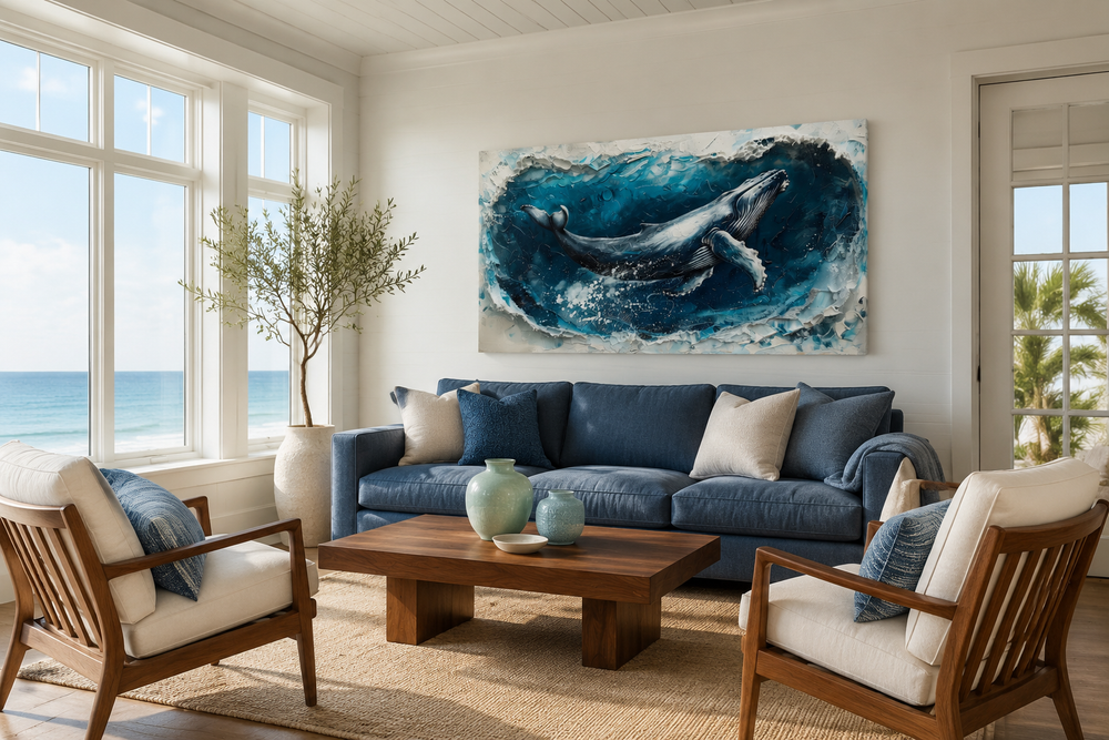 Panoramic humpback whale wall art on canvas above a blue sofa in a coastal living room.