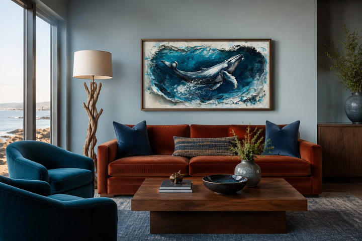 Panoramic canvas art of a humpback whale breaching through a blue ocean wave in a modern living room.