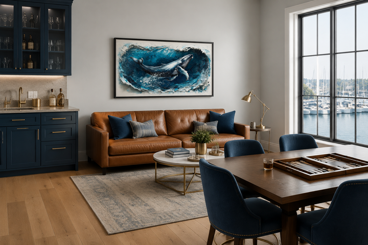 Panoramic humpback whale wall art in a blue ocean wave, displayed above a brown leather sofa.