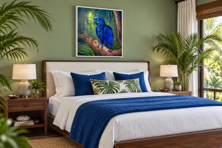 Hyacinth Macaw Parrot Tropical Canvas Wall Art above a bed in a green tropical-themed bedroom.