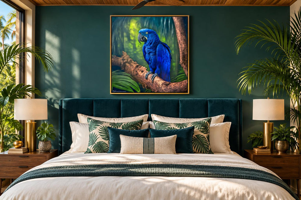 Hyacinth Macaw Parrot Tropical Canvas Wall Art above a bed in a green tropical-themed bedroom.