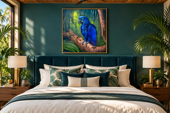 Hyacinth Macaw Parrot Tropical Canvas Wall Art above a bed in a green tropical-themed bedroom.