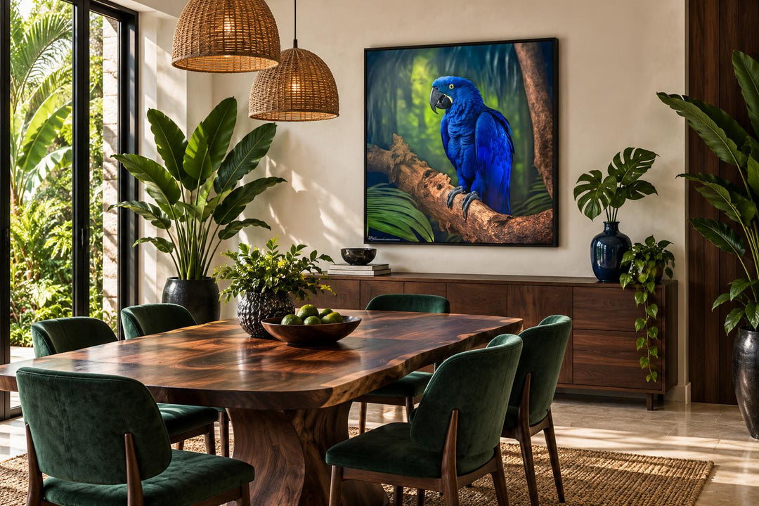 Hyacinth Macaw Parrot Tropical Canvas Wall Art hanging in a modern dining room with wooden furniture.
