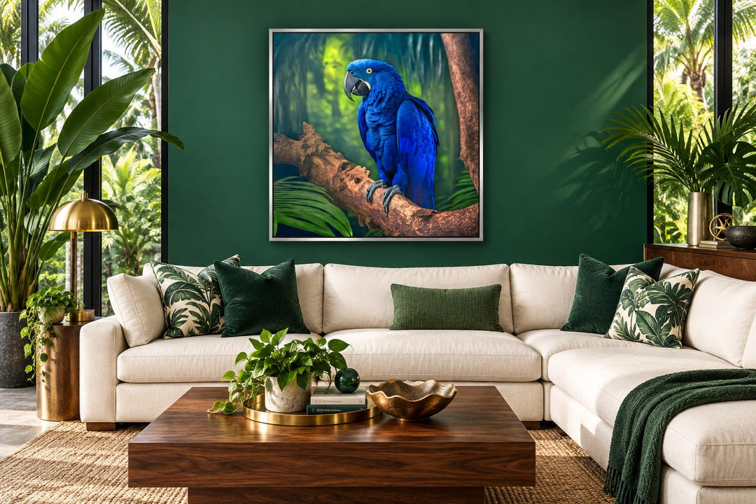 Hyacinth Macaw Parrot Tropical Canvas Wall Art in a green living room with a white sectional sofa.