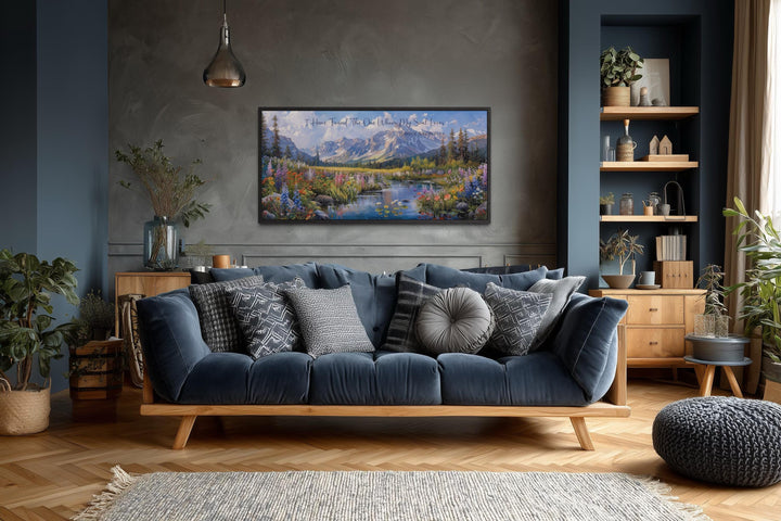 I Have Found The One Whom My Soul Loves scripture wall art above a blue sofa in a modern living room.