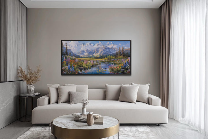 I Have Found The One Whom My Soul Loves scripture wall art above a sofa in a modern living room.