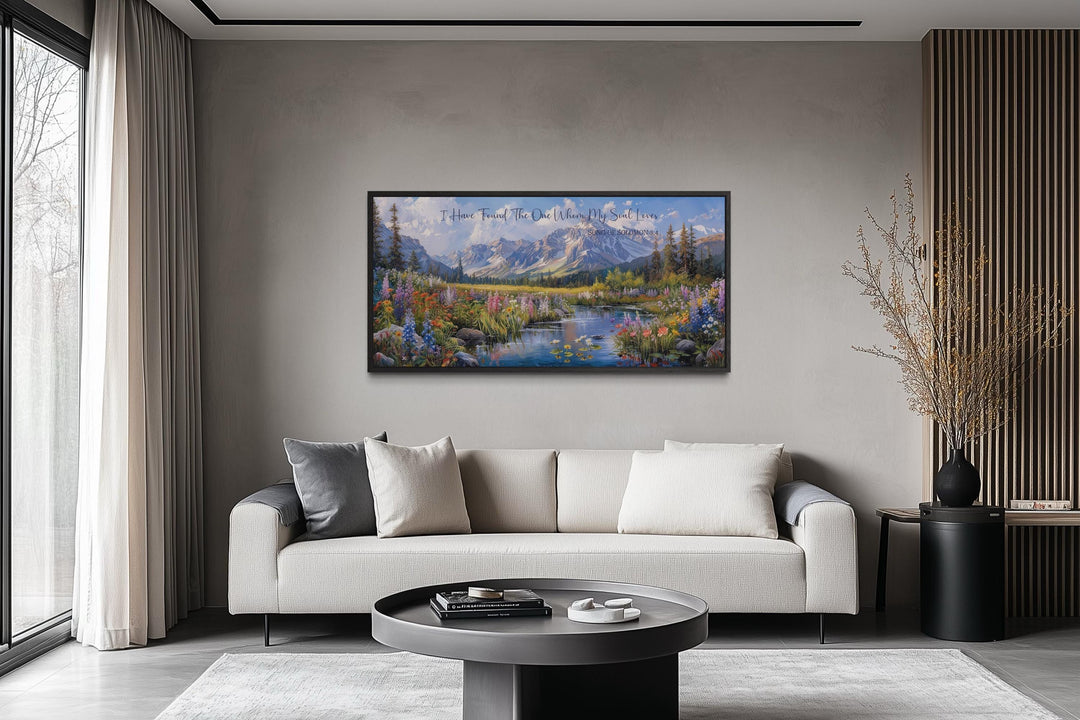 I Have Found The One Whom My Soul Loves scripture wall art above a sofa in a modern living room.