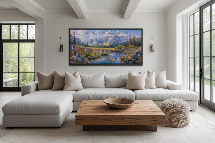I Have Found The One Whom My Soul Loves scripture wall art above a sofa in a modern living room.