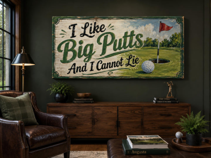 Vintage-style golf wall art with 'I Like Big Putts And I Cannot Lie' text in a man cave setting.