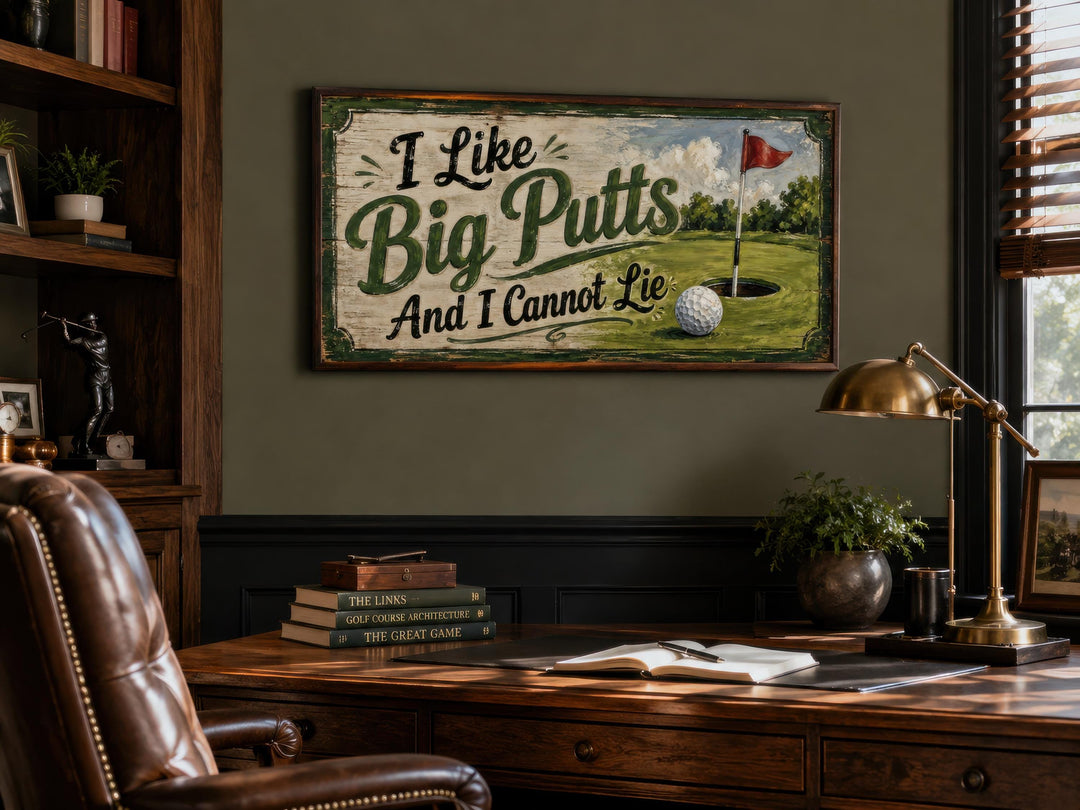 Vintage-style golf wall art with 'I Like Big Putts And I Cannot Lie' text in a home office.